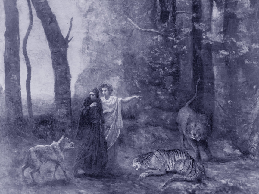 VIRGIL LEADS DANTE PAST A LEOPARD, LION and SHE-WOLF in the WOODS.
