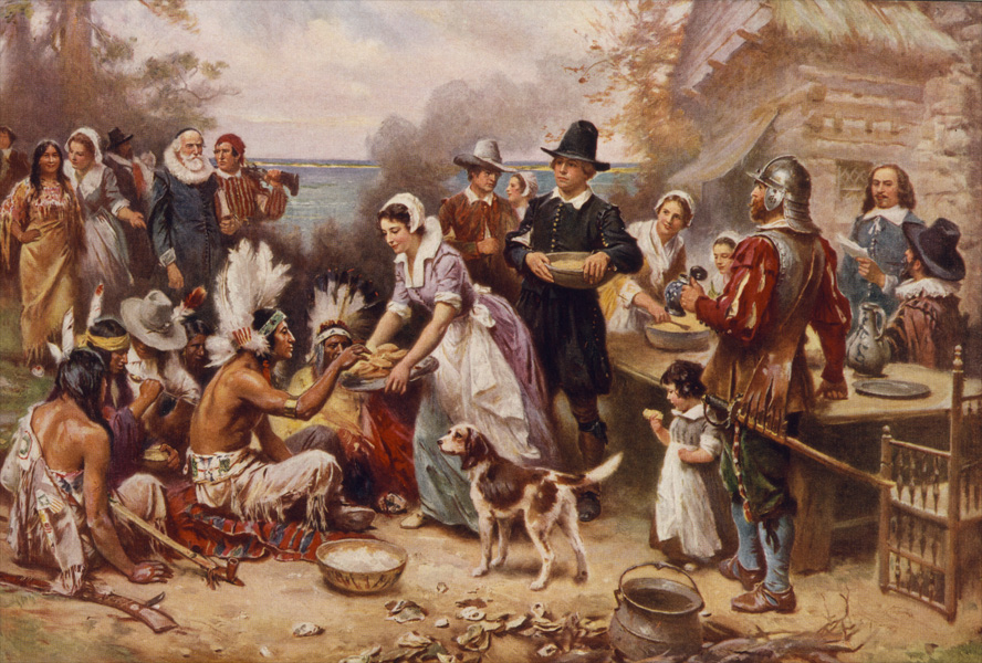 THANKSGIVING - The first "Thanksgiving" was held by the Pilgrim colonists in 1621 in Plymouth. Plymouth Governor William Bradford wanted to give thanksgiving to God by having a celebration after a successful harvest. The neighboring Indians, the Wampanoag, were invited to join in their feast, which included wild fowl, venison, harvest grains, corn, squash and more. 