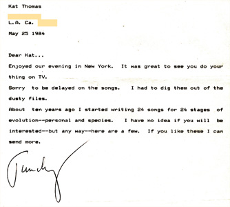Letter from TIMOTHY LEARY to KAT THOMAS (The Great Kat) about collaborating on music, which produced the unreleased song "RIGHT BRAIN LOVER"! 
