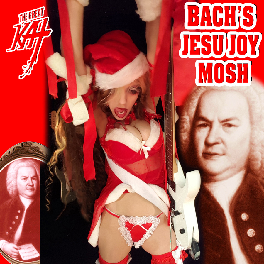 NEW! BACHS JESU JOY MOSH DIGITAL & CD SINGLE by THE GREAT KAT GUITAR GODDESS! CHRISTMAS COMES EARLY WITH BACH & THE GREAT KAT! The Great Kat Guitar Goddess celebrates Christmas early with Johann Sebastian Bachs Baroque holiday classic "Jesu Joy". Bachs famous masterpiece is known by the title "Jesu, Joy of Man's Desiring", but Goddess Great Kat is now desiring to bring it to the whole world with this new metal mosh treatment! The Great Kat virtuosically shreds 4 lead guitars with beautiful melodic contrapuntal melodies and harmonies, along with Cathedral Organ accompaniment, while The Great Kat's heavy metal rhythm guitars, bass and drums pound with headbanging and moshing rhythms.