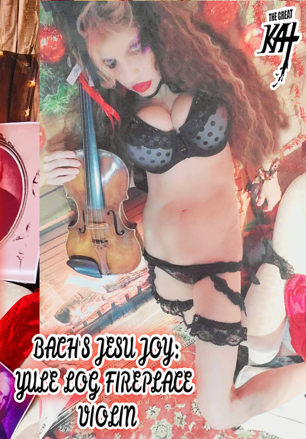 NEW! "BACHS JESU JOY: YULE LOG FIREPLACE VIOLIN" MUSIC VIDEO by THE GREAT KAT GUITAR GODDESS! CHRISTMAS COMES EARLY WITH BACH & THE GREAT KAT! The Great Kat Guitar Goddess celebrates Christmas early with Johann Sebastian Bachs Baroque holiday classic "Jesu Joy". Bachs famous masterpiece is known by the title "Jesu, Joy of Man's Desiring", but Goddess Great Kat is now desiring to bring it to the whole world with this new metal mosh treatment! The Great Kat virtuosically shreds 4 lead guitars with beautiful melodic contrapuntal melodies and harmonies, along with Cathedral Organ accompaniment, while The Great Kat's heavy metal rhythm guitars, bass and drums pound with headbanging and moshing rhythms.