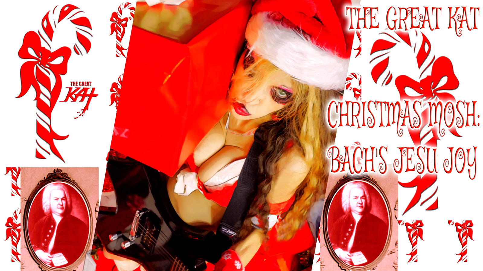 NEW! "BACHS JESU JOY: YULE LOG FIREPLACE VIOLIN" MUSIC VIDEO by THE GREAT KAT GUITAR GODDESS! CHRISTMAS COMES EARLY WITH BACH & THE GREAT KAT! The Great Kat Guitar Goddess celebrates Christmas early with Johann Sebastian Bachs Baroque holiday classic "Jesu Joy". Bachs famous masterpiece is known by the title "Jesu, Joy of Man's Desiring", but Goddess Great Kat is now desiring to bring it to the whole world with this new metal mosh treatment! The Great Kat virtuosically shreds 4 lead guitars with beautiful melodic contrapuntal melodies and harmonies, along with Cathedral Organ accompaniment, while The Great Kat's heavy metal rhythm guitars, bass and drums pound with headbanging and moshing rhythms.
