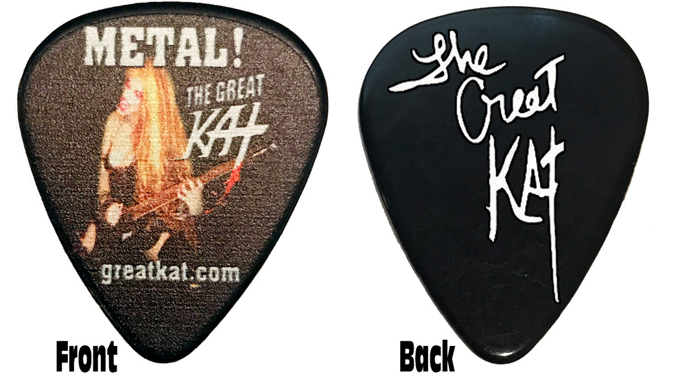 NEW "METAL!" Great Kat Guitar Pick!! Celluloid Black X-Heavy Gauge Guitar Pick with Full Color Great Kat Photo & Personalized autographed by The Great Kat! ONLY on the KAT STORE at http://store10552072.ecwid.com/products/102193238