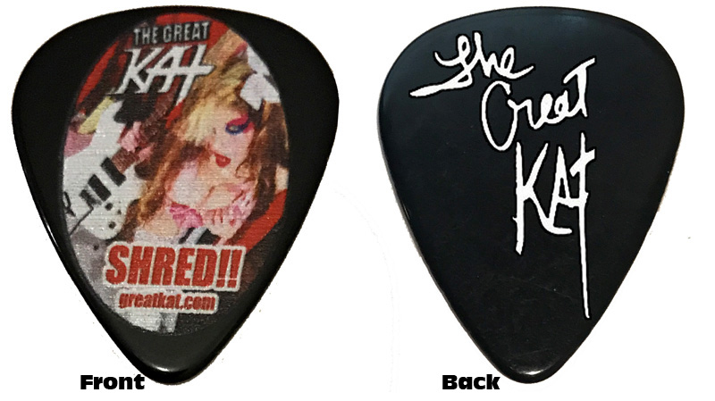 NEW "SHRED!!" Great Kat Guitar Pick!! Celluloid Black X-Heavy Gauge Guitar Pick with Full Color Great Kat Photo & Personalized autographed by The Great Kat! ONLY on the KAT STORE at http://store10552072.ecwid.com/products/102193238