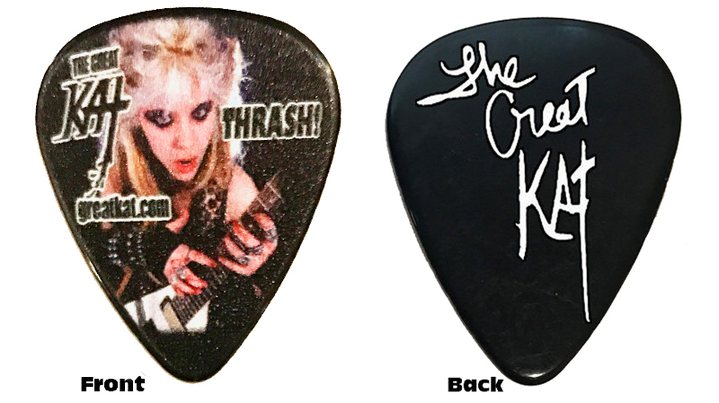 NEW "THRASH"! Great Kat Guitar Pick!! Celluloid Black X-Heavy Gauge Guitar Pick with Full Color Great Kat Photo & Personalized autographed by The Great Kat