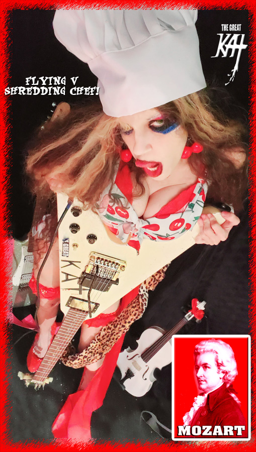 FLYING V SHREDDING CHEF! FROM CHEF GREAT KAT BAKES GERMAN APPLE STRUDEL WITH MOZART VIDEO!