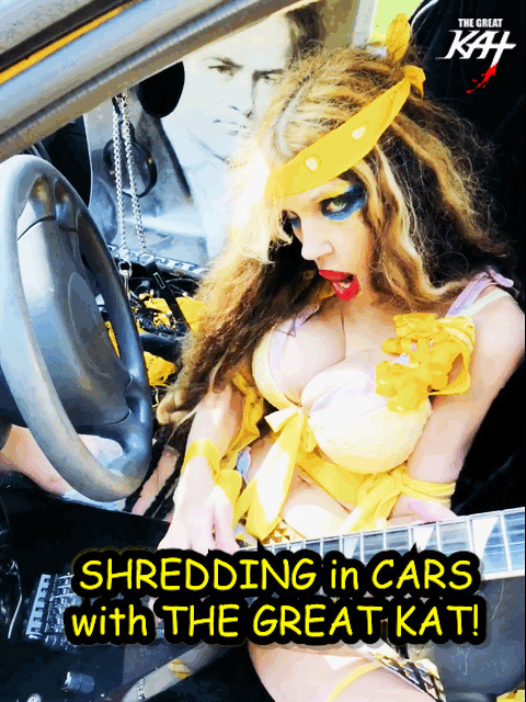 "SHREDDING IN CARS with THE GREAT KAT!" The Great Kat SHREDS "The Flight Of The Bumble-Bee" in BUMBLE-BEE YELLOW SPORTS CAR! CARS & GUITARS RULE!