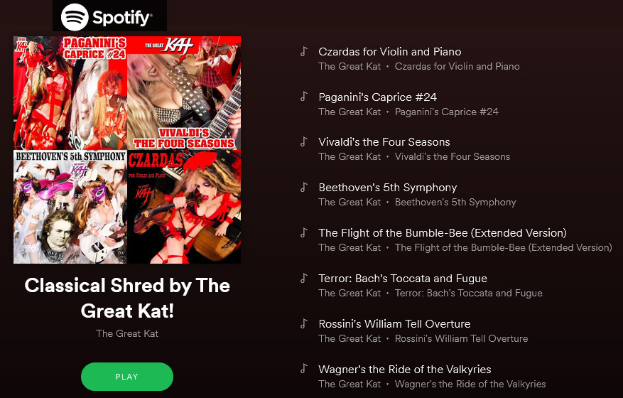 Classical Shred by The Great Kat! Playlist on @Spotify! #Beethoven, #Paganini, #Czardas, #Rossini, #Vivaldi, #Wagner, #Bach & more! Listen at https://open.spotify.com/playlist/7rTdP9viybHZs77woY6tXY 