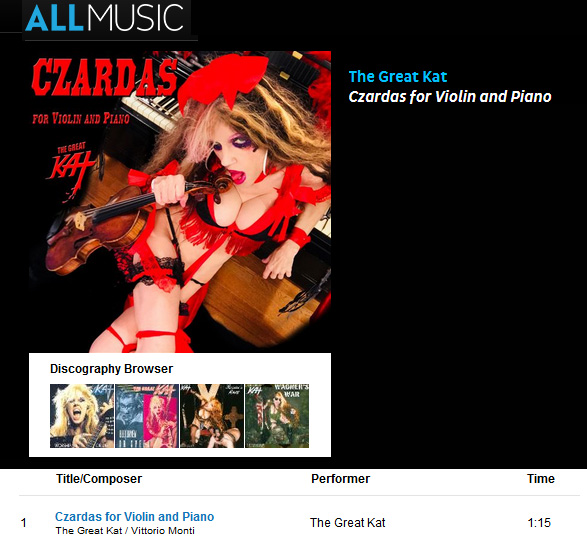 ALLMUSIC FEATURES THE GREAT KAT'S CLASSICAL OPUS "CZARDAS FOR VIOLIN AND PIANO"