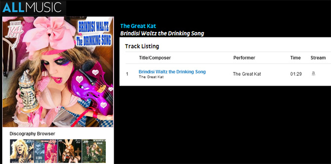 ALL MUSIC FEATURES THE GREAT KAT'S "BRINDISI WALTZ THE DRINKING SONG"! https://www.allmusic.com/song/brindisi-waltz-the-drinking-song-mt0057353041