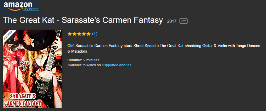 #3 on AMAZON UK's METAL VIDEO CHARTS - THE GREAT KAT'S NEW SARASATE'S "CARMEN FANTASY" MUSIC VIDEO from Upcoming DVD!