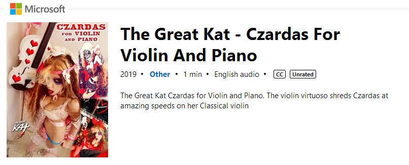 iTUNES VIDEOS and MICROSOFT STORE PREMIERE THE GREAT KAT'S "CZARDAS for VIOLIN AND PIANO" CLASSICAL MUSIC VIDEO! 