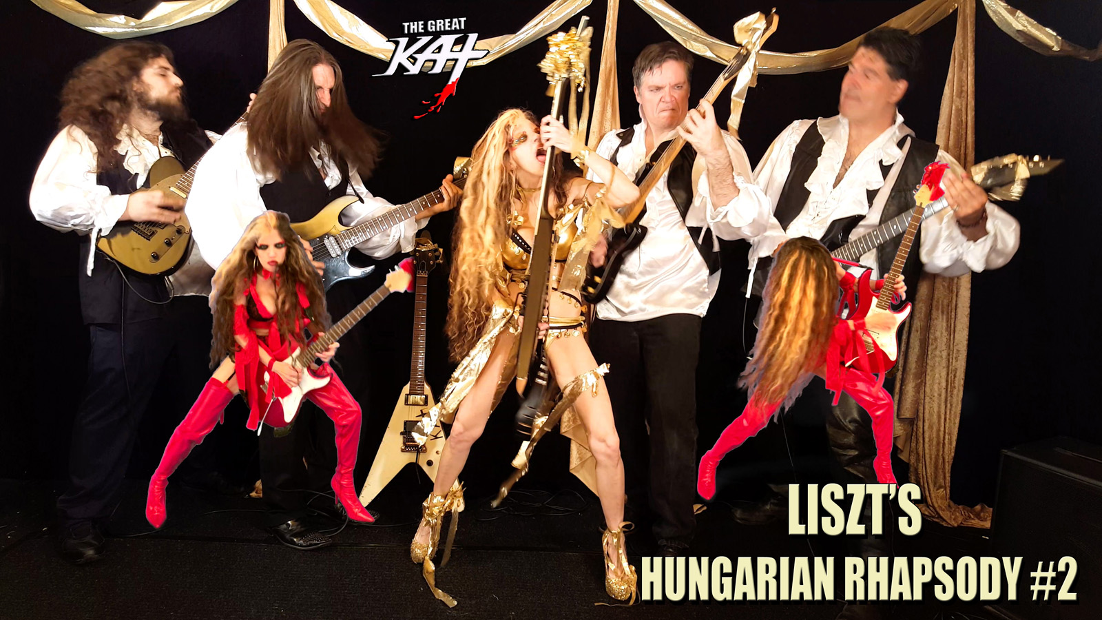 HOT SHRED LICKS! KAT SHREDS with ALL-MALE HUNK BAND! From The Great Kat's LISZT'S "HUNGARIAN RHAPSODY #2" MUSIC VIDEO!