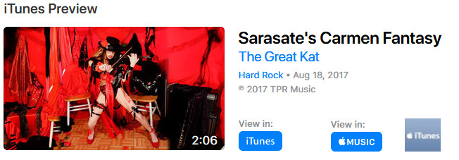 iTUNES VIDEOS & APPLE MUSIC PREMIERE THE GREAT KAT'S NEW SARASATE'S "CARMEN FANTASY" MUSIC VIDEO! WATCH at https://itunes.apple.com/us/music-video/sarasates-carmen-fantasy/id1278367150  Ole! Sarasate's Carmen Fantasy stars Shred Senorita The Great Kat's stunning Guitar & Violin virtuosity, along with Carmen & Don Jose dancing an Argentine Tango. Matadors, bullfighters, masked gimps and the worlds fastest guitar/violin shredder, The Great Kat make the ultimate over-the-top, insane Hard Rock/Classical music video! Watch now: https://itunes.apple.com/us/music-video/sarasates-carmen-fantasy/id1278367150 