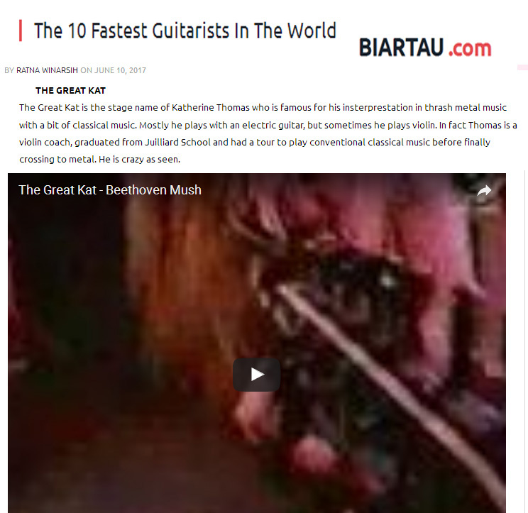 BIARTAU.COM NAMES THE GREAT KAT "THE 10 FASTEST GUITARISTS IN THE WORLD" 