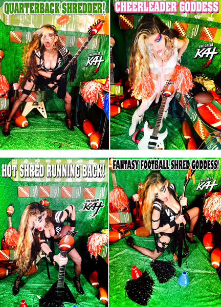 "10 HOTTEST SUPER BOWL PHOTOSHOOTS" NAMES THE GREAT KAT in their TOP 10 LIST by "In My Group" Celebrity Site! "The Great Kat rock band dressed up in as Quarterback Shredder, Cheerleader Goddess, Hot Shred Running Back and Fantasy Football Shred Goddess. Their special edition calendar is for sale." - In My Group Celebrity Site
