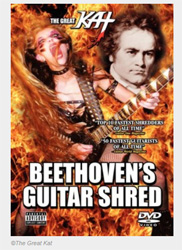 EXAMINER.COM'S REVIEW OF THE GREAT KAT'S "BEETHOVEN'S GUITAR SHRED" DVD! "The Great Kat's 'Beethoven's Guitar Shred' DVD features close-ups of her rapid finger work. If you like the musical revolution of metal/classical fusion, you'll love it. 'The Flight of the Bumble-Bee.' This is your chance to see her play both the guitar and the violin with equal skill and speed. 'Paganini's 'Caprice #24.' We see her show her mastery on both guitar and violin.  The speed of the violin and guitar makes me think of Charlie Daniel's Band's 'The Devil Went Down to Georgia' and Tenacious D's 'Rock Off.'" - Marjorie LaPrade, Examiner.com, Boston Art Examiner