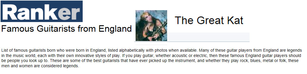 THE GREAT KAT NAMED "FAMOUS GUITARISTS FROM ENGLAND" BY RANKER.COM! 