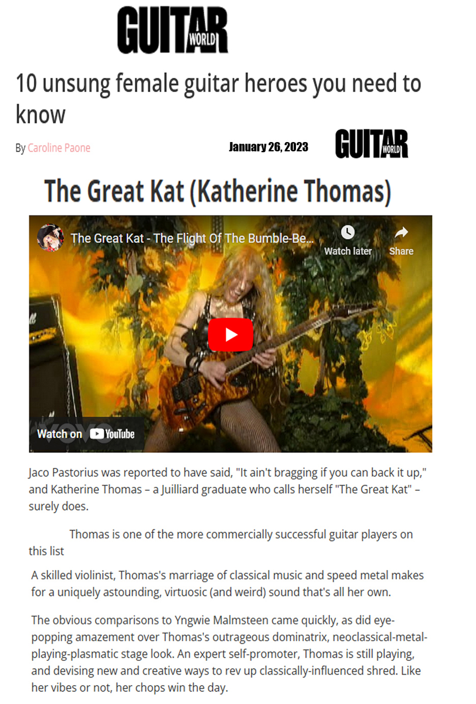 Guitar World's "10 Unsung Female Guitar Heroes You Need To Know" Features The Great Kat: "Uniquely astounding, virtuosic sound" By Caroline Paone