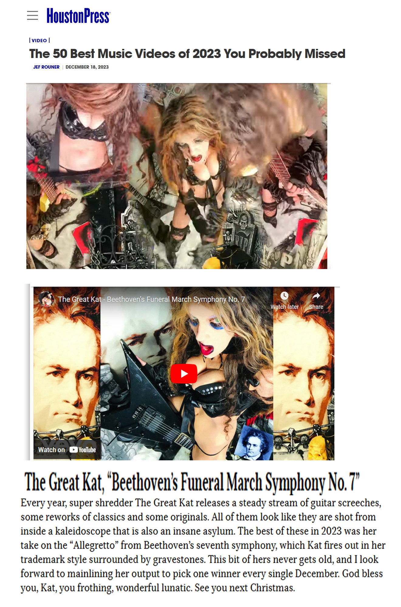 The Great Kat's "#Beethoven's Funeral March Symphony No. 7" Music Video Featured on New List: "The 50 Best Music Videos of 2023 You Probably Missed" in HOUSTON PRESS