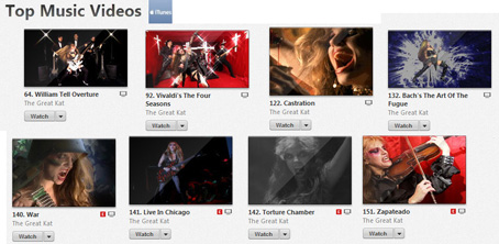 iTUNES' METAL "TOP MUSIC VIDEOS" FEATURES THE GREAT KAT'S MUSIC VIDEOS!  "WILLIAM TELL OVERTURE", VIVALDI'S "THE FOUR SEASONS", "CASTRATION", BACH'S "THE ART OF THE FUGUE", "WAR", "LIVE IN CHICAGO", "TORTURE CHAMBER", "ZAPATEADO" 