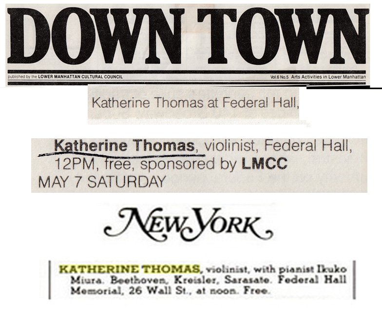 KATHERINE THOMAS, VIOLINIST, Federal Hall, sponsored by LMCC (Lower Manhattan Cultural Council). Beethoven, Kreisler, Sarasate. Federal Hall Memorial, 26 Wall st