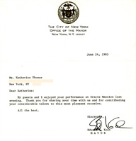 THANK YOU MAYOR ED KOCH (1924-2013), GENIUS NYC MAYOR FOR HELPING NY CITY! Letter from NYC Mayor Ed Koch to Katherine Thomas, (The Great Kat) who performed for the Mayor at Gracie Mansion as a Prodigy Violin Soloist! "Dear Katherine: My guests and I enjoyed your performance at Gracie Mansion last evening. Thank you for sharing your time with us and contributing your considerable talent to this most pleasant occasion. All the best. Sincerely, Edward I. Koch MAYOR"