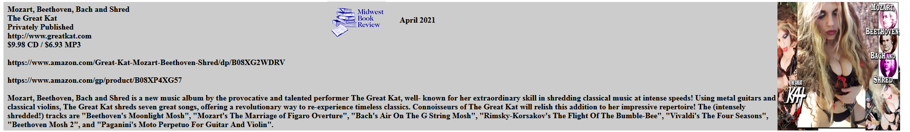 MIDWEST BOOK REVIEW: Wisconsin Bookwatch" RAVE REVIEWS OF THE GREAT KAT CDS!