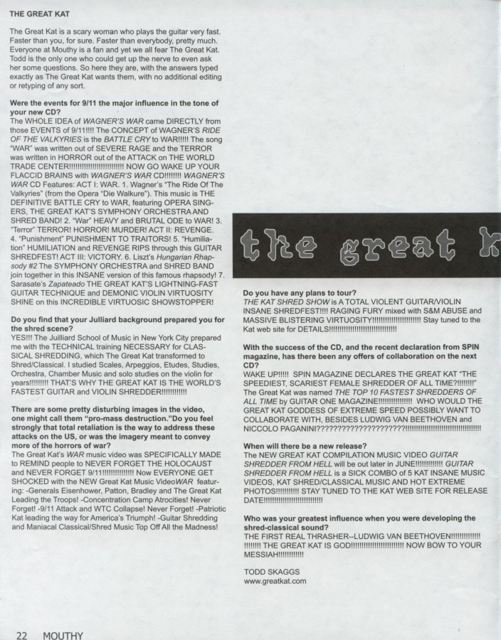 The Great Kat Cover Story "SHRED AND/OR DIE" in Mouthy Magazine Mostly Music 