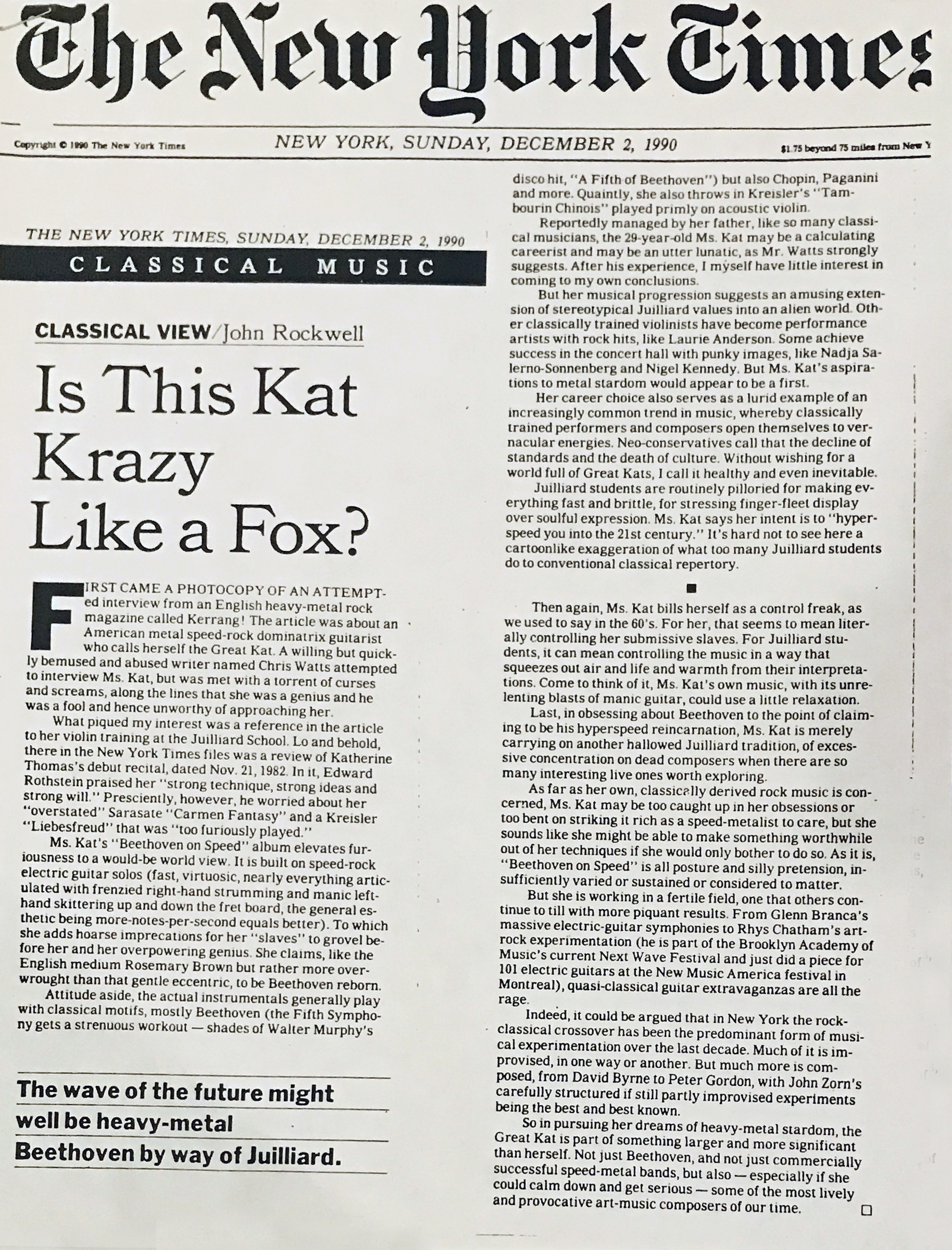 THE NEW YORK TIMES CLASSICAL MUSIC FEATURE on THE GREAT KAT! "IS THIS KAT KRAZY LIKE A FOX?" by JOHN ROCKWELL! 