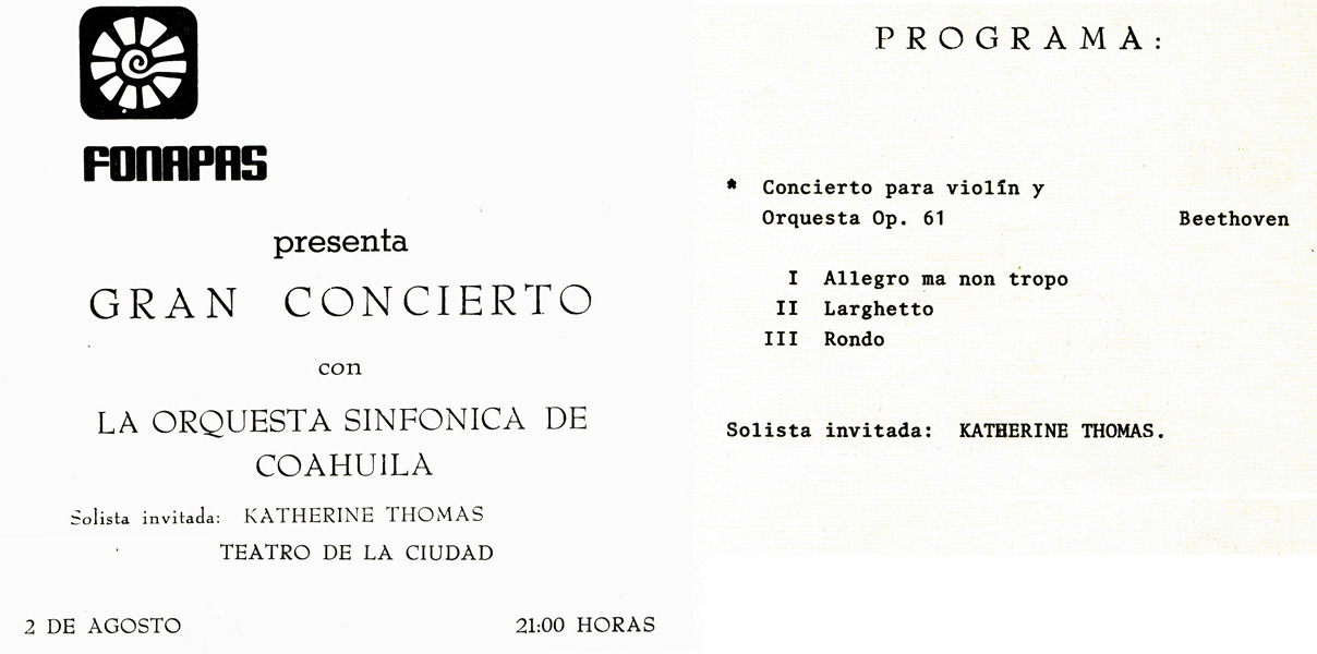 LA ORQUESTA SINFONICA DE COAHUILA CONCERT PROGRAM starring KATHERINE THOMAS, PRODIGY VIOLIN SOLOIST performing BEETHOVEN'S VIOLIN CONCERTO at TEATRO FERNANDO SOLER in SALTILLO, MEXICO!