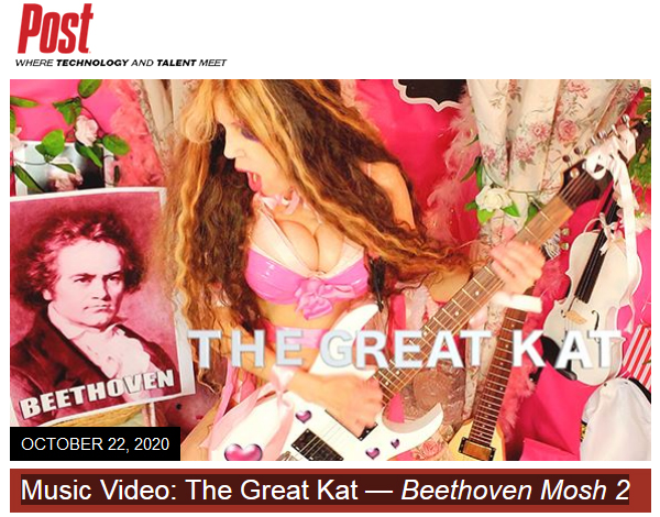 "The Great Kat recently released her Beethoven Mosh 2 music video, in which the Juilliard graduate is shown whipping imagery of maestro Beethoven, ultimately making him her devoted fan. The track features the guitarist shredding Beethovens Violin Concerto in true heavy metal fashion, with her long blonde hair, sexy outfits and headbanging antics."