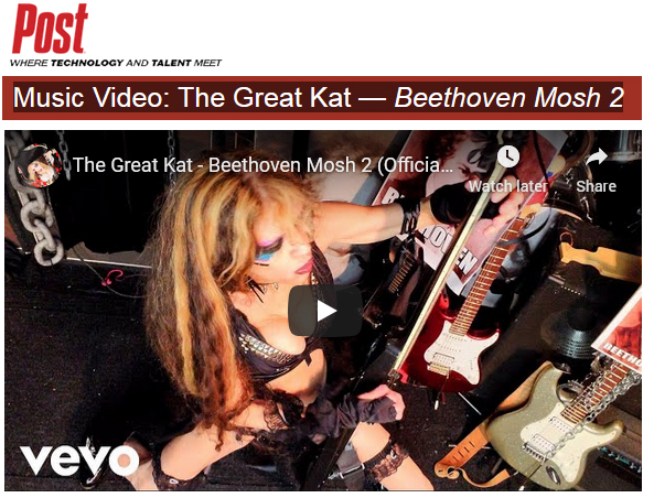 "The Great Kat recently released her Beethoven Mosh 2 music video, in which the Juilliard graduate is shown whipping imagery of maestro Beethoven, ultimately making him her devoted fan. The track features the guitarist shredding Beethovens Violin Concerto in true heavy metal fashion, with her long blonde hair, sexy outfits and headbanging antics."