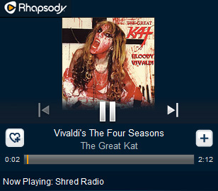 RHAPSODY SHRED RADIO FEATURES THE GREAT KAT! "Rhapsody's Shred Radio. The station is centered around the fleet fingers and virtuoso fretwork of wizards like The Great Kat." - By Chuck Eddy, Rhapsody Shred Radio (June 3, 2014). Listen to Rhapsody Shred Radio: The Great Kats Sarasates Carmen Fantasy, War, Bachs Brandenburg Concerto #3, and Wagners The Ride Of The Valkyries at http://www.rhapsody.com/blog/post/radio-shred
