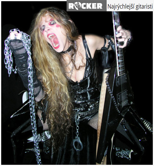 ROCKER.SK NAMES THE GREAT KAT "FASTEST GUITARISTS"! "Fastest Guitarists. The Great Kat. Ranks among the fastest shredders of all time. She studied classical music and does not play typical thrash metal on the guitar . Instead, she transforms familiar songs from classical music and creates original tunes. The Great Kat considers herself the reincarnation of Beethoven. Once she even declared herself God. She also claims to be the only guitar-violin virtuoso since Paganini. The Great Kat uses the Paganini technique that consists of Kat playing with fingers like claws. It is always the dominant driver for classical shredding on guitar with classical technique from the fiddle." - by Jane Blake, Rocker.sk