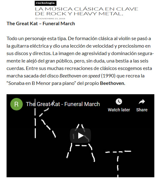 ROCKOLOGIA FEATURES THE GREAT KAT in "CLASSICAL MUSIC IN THE KEY OF ROCK AND HEAVY METAL"