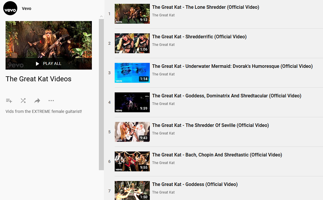 VEVO PRESENTS "THE GREAT KAT VIDEOS" PLAYLIST! "Vids from the EXTREME female guitarist!"
