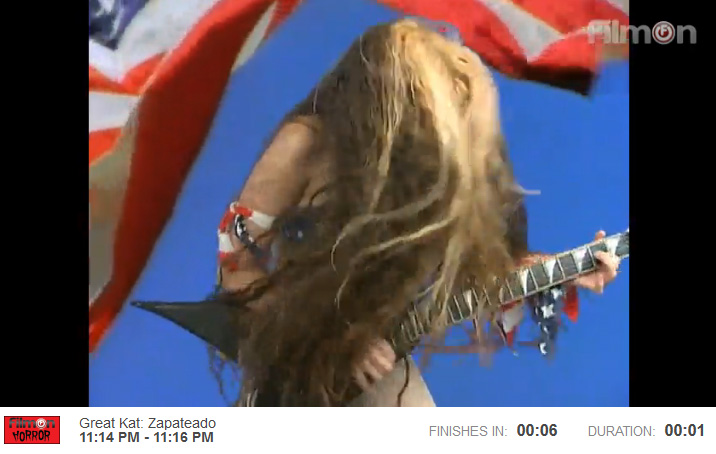 FILMON HORROR NETWORK is PLAYING THE GREAT KAT'S "EXTREME GUITAR SHRED" DVD TUES 8/26 & WED 8/27! "Enjoy the best in horror and bizarre films, specials and documentaries from the dark side of ART." 